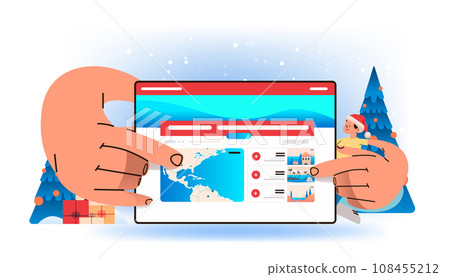 man in santa claus hat choosing hotel online checking room reservation availability on website guy using travel application or booking service 108455212