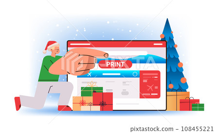 man in santa claus hat printing tickets via computer app online booking searching for flight service concept horizontal 108455221