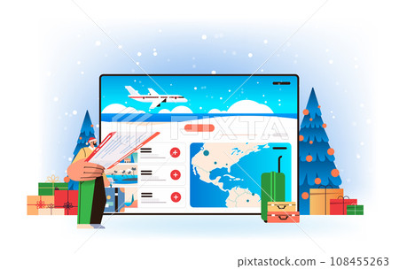 man in santa claus hat looking for available cheapest tickets via mobile app online booking searching for flight service concept 108455263