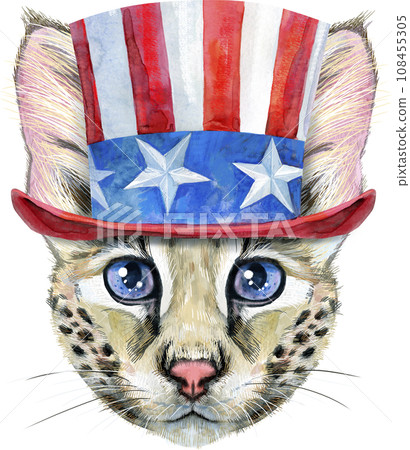 Lovely closeup portrait Savannah cat in Uncle Sam's hat. Hand drawn water colour painting on white background 108455305