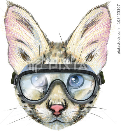 Lovely closeup portrait Savannah cat in goggles. Hand drawn water colour painting on white background 108455307