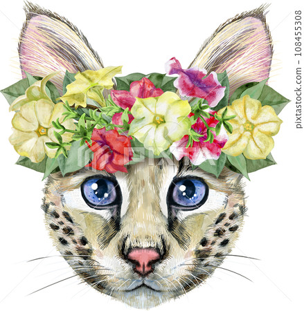 Lovely closeup portrait Savannah cat in a wreath of flowers. Hand drawn water colour painting on white background 108455308