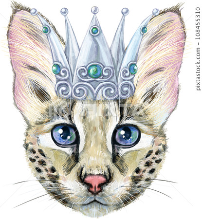 Lovely closeup portrait Savannah cat with golden crown. Hand drawn water colour painting on white background 108455310