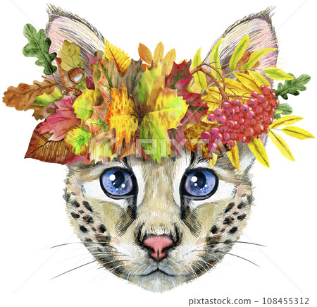 Lovely closeup portrait Savannah cat in a wreath of autumn leaves. Hand drawn water colour painting on white background 108455312
