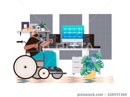 disabled man audio engineer in wheelchair mixing and mastering song music recording people with disabilities concept 108455360