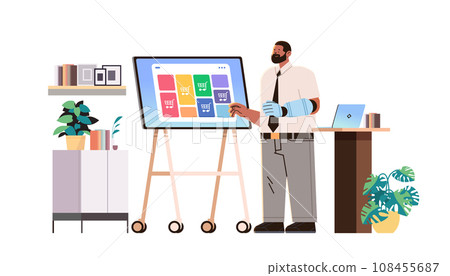disabled man e-commerce manager with replaced robotic arm analyzing data on computer monitor people with disabilities concept disabled man e-commerce manager with replaced robotic arm analyzing data on computer monitor people with disabilities concept 108455687