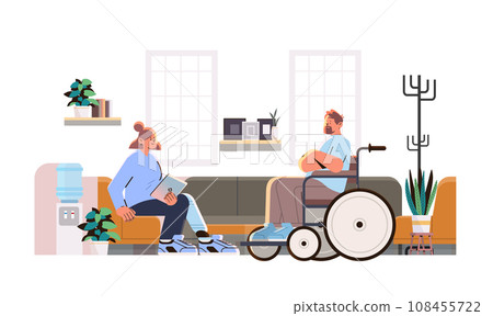 disabled man in wheelchair during therapy with counselor psychotherapist mental health support people with disabilities disabled man in wheelchair during therapy with counselor psychotherapist mental health support people with disabilities 108455722