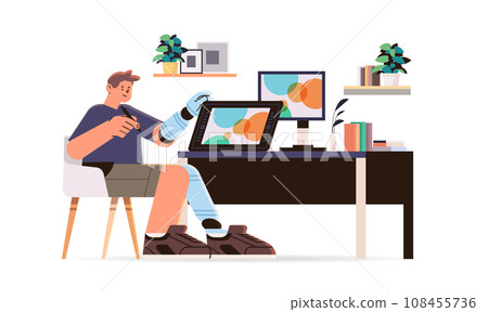disabled man graphic designer with replaced robotic leg and arm guy working on laptop people with disabilities concept horizontal 108455736