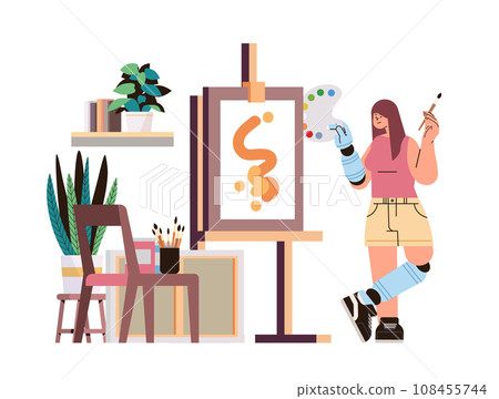 disabled woman artist with replaced robotic leg and arm girl drawing on canvas people with disabilities concept disabled woman artist with replaced robotic leg and arm girl drawing on canvas people with disabilities concept 108455744