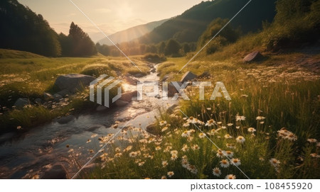 field of daisies with beautiful sunset sky. Generative AI 108455920