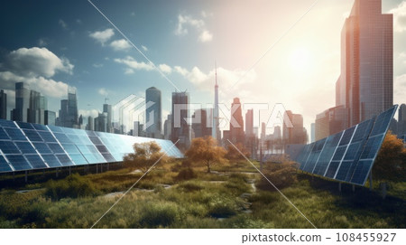 solar energy panel on the building in the big city. Generative AI 108455927