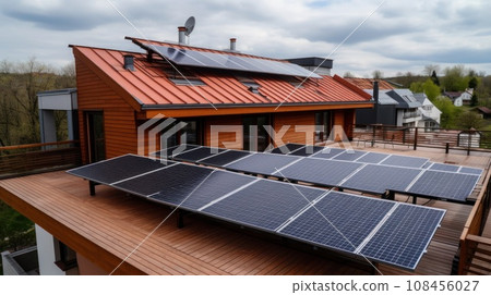 solar panesl or photovoltaic plant on the roof of a house. Generative AI 108456027