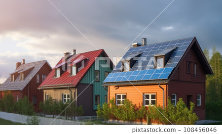 Alternative green energy, solar panels on the roof top of the house. Generative AI 108456046