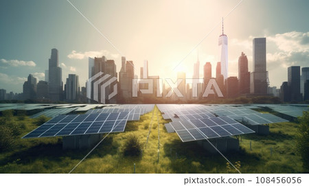 solar energy panel on the building in the big city. Generative AI solar energy panel on the building in the big city. Generative AI 108456056