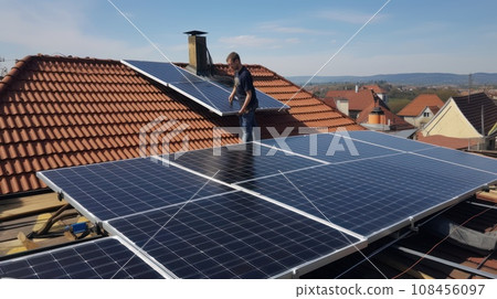 solar panesl or photovoltaic plant on the roof of a house. Generative AI 108456097