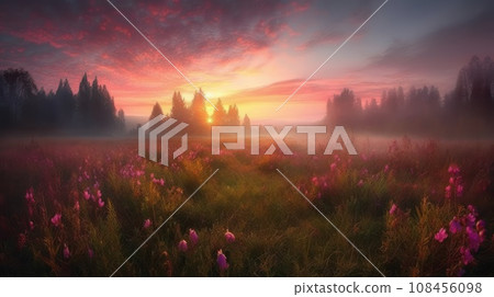 Pink flower filed with beautiful pink sky. Generative AI 108456098