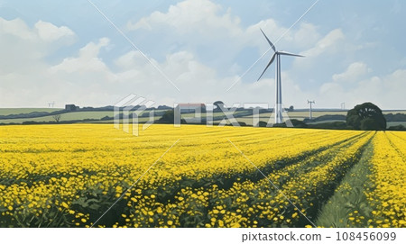 Wind turbine in a yellow flower field, Alternative energy. Generative AI 108456099