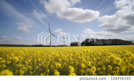 Wind turbine in a yellow flower field, Alternative energy. Generative AI 108456395