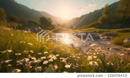 field of daisies with beautiful sunset sky. Generative AI 108456419