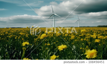 Wind turbine in a yellow flower field, Alternative energy. Generative AI. 108456451