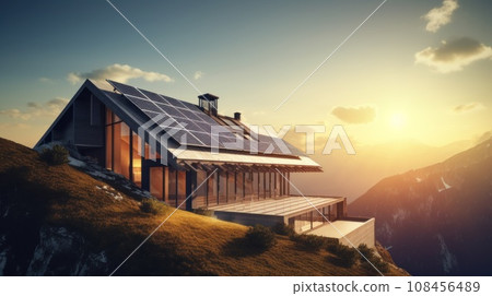 eco-friendly house with solar panels on the roof surrounded by green nature. Generative AI 108456489