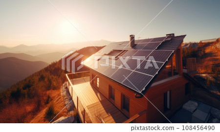 eco-friendly house with solar panels on the roof surrounded by green nature. Generative AI 108456490