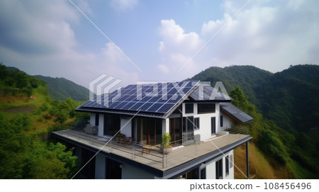 eco-friendly house with solar panels on the roof surrounded by green nature. Generative AI 108456496