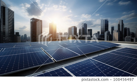 photovoltaic panels on sunset front of the big city. Generative AI photovoltaic panels on sunset front of the big city. Generative AI 108456497