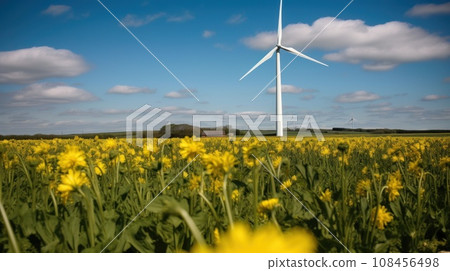 Wind turbine in a yellow flower field, Alternative energy. Generative AI Wind turbine in a yellow flower field, Alternative energy. Generative AI 108456498