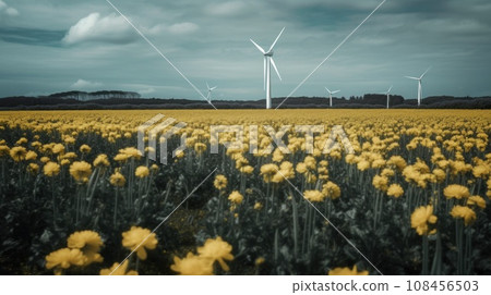Wind turbine in a yellow flower field, Alternative energy. Generative AI 108456503