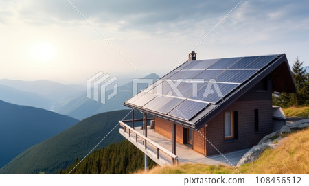 eco-friendly house with solar panels on the roof surrounded by green nature. Generative AI eco-friendly house with solar panels on the roof surrounded by green nature. Generative AI 108456512