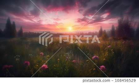 Pink flower filed with beautiful pink sky. Generative AI 108456529