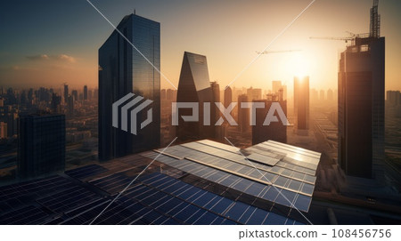 photovoltaic panels on sunset front of the big city. Generative AI 108456756