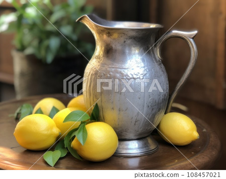 Fresh citrus lemonade with limes and lemons in jar on the table in the garden. Generative AI 108457021