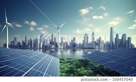 solar energy panel on the building in the big city. Generative AI solar energy panel on the building in the big city. Generative AI 108457040