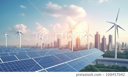 solar energy panel on the building in the big city. Generative AI solar energy panel on the building in the big city. Generative AI 108457042