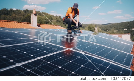 Alternative green energy, solar panels on the roof top of the house. Generative AI 108457057