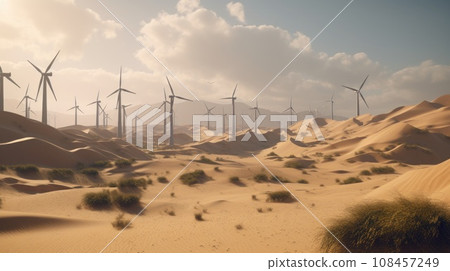 Wind turbines in the desert, renewable energy concept. Generative AI 108457249