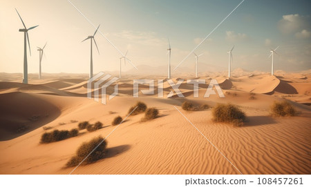 Wind turbines in the desert, renewable energy concept. Generative AI 108457261
