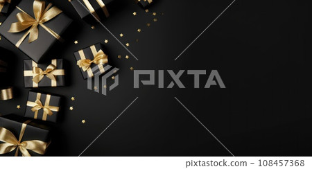 Black Friday. Cyber Monday. Gift boxes with golden ribbon on black background with copy space for text. Generative ai 108457368