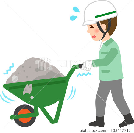 一名工人奮力推著裝滿泥土和沙子的獨輪車 一名工人奮力推著裝滿泥土和沙子的獨輪車 108457712