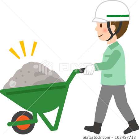 推著裝滿土和沙子的獨輪車的建築工人 108457718
