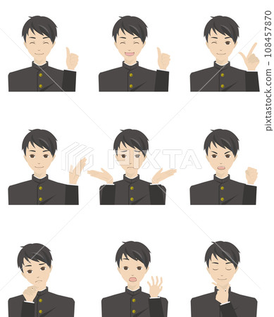 Illustration set of male students (gakuran) with various expressions (with gestures) Illustration set of male students (gakuran) with various expressions (with gestures) 108457870