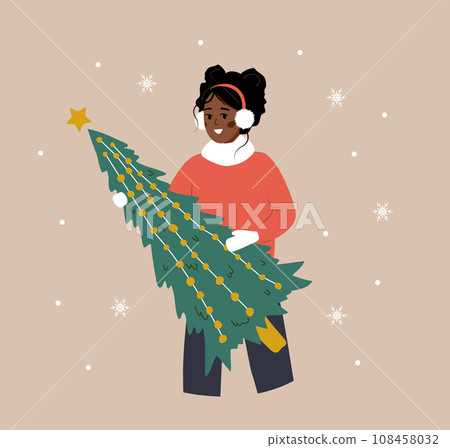 Woman holding Christmas tree. African smiling girl preparing for winter holidays. People buying Christmas fir on the fair. New Year postcard. Vector illustration in flat cartoon style 108458032