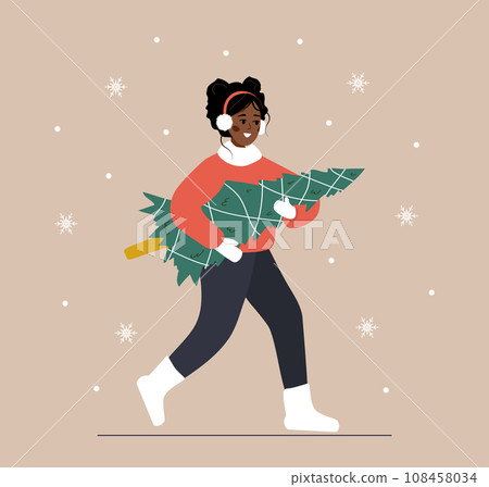 Woman carries Christmas tree. African smiling girl preparing for winter holidays. People buying Christmas fir on the fair. New Year postcard. Vector illustration in flat cartoon style 108458034
