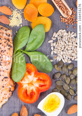 Nutritious products and ingredients containing differents vitamins or minerals for healthy hair Nutritious products and ingredients containing differents vitamins or minerals for healthy hair 108458276