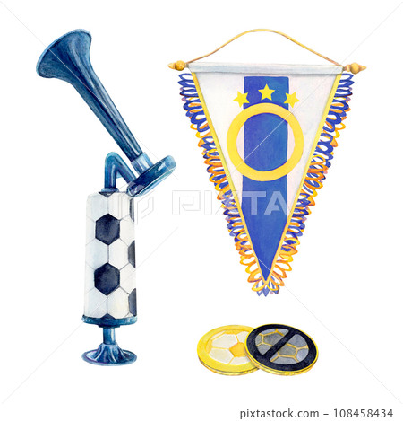 Watercolor drawing of blue football pennant, vuvuzela and two tokens. Golden and black coins and soccer gear painted on white background. For logo banner icon postcard leaflet poster textile printing Watercolor drawing of blue football pennant, vuvuzela and two tokens. Golden and black coins and soccer gear painted on white background. For logo banner icon postcard leaflet poster textile printing 108458434