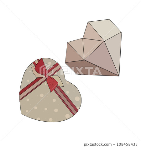 Vector illustration set of nice beige heart boxes with dots and red-beige ribbon and bow and diamond structure. Image for postcard or sweets or gift box for New Year or Christmas. For stickers textile Vector illustration set of nice beige heart boxes with dots and red-beige ribbon and bow and diamond structure. Image for postcard or sweets or gift box for New Year or Christmas. For stickers textile 108458435