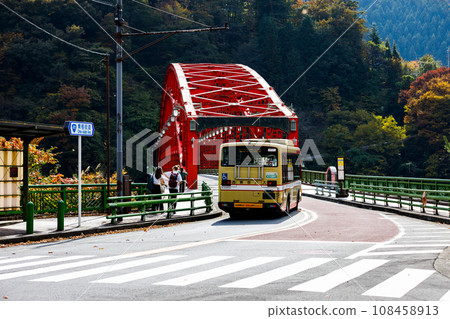 Red Mineya Bridge over Lake Okutama, Okutama Town, Tokyo 108458913