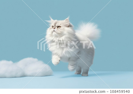 White fluffy cat, she is jumping on the blue background with a white clouds.AI generated. 108459540